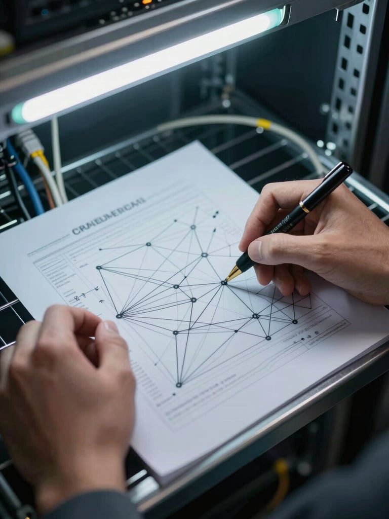 Close-up overhead view of hands tracing a network diagram on a printed rack layout sheet, placed on a metal server rack shelf, cool fluorescent light from above, patch cables partially connected in background — no faces, no signage