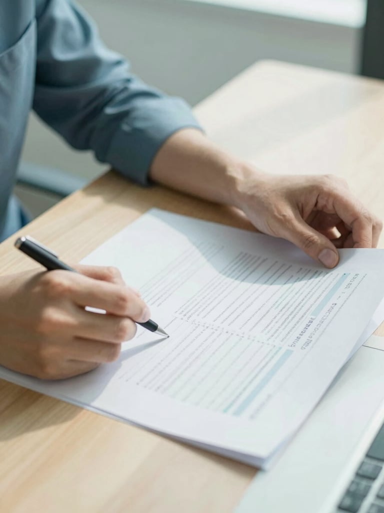 Close-up of hands working on financial documents on a bright wooden table, soft natural daylight, cool blue and sage green tones, 35mm