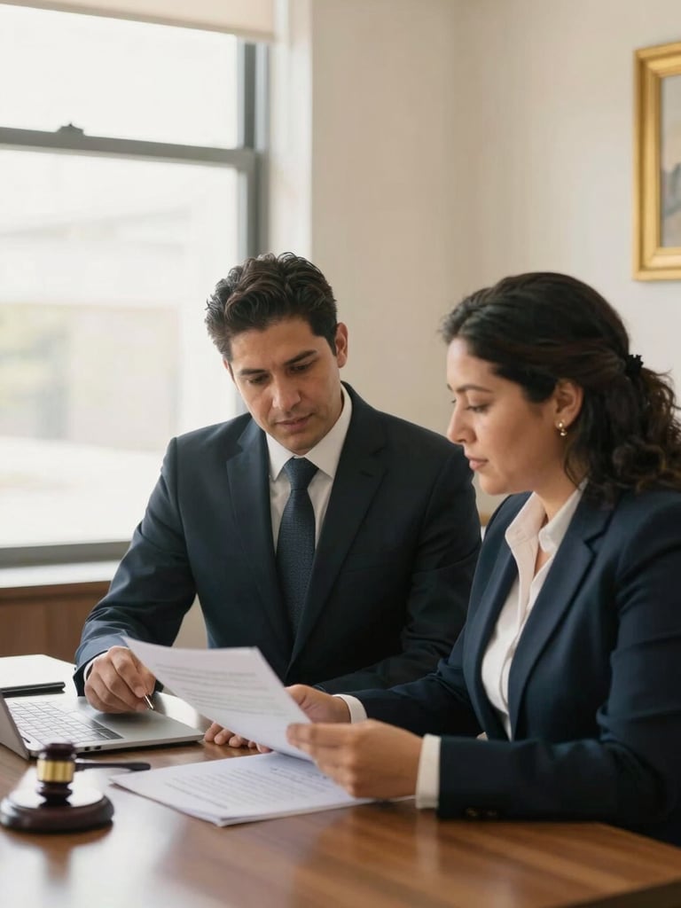 Two professional attorneys collaborating over legal documents in a bright office, warm natural light, authentic interaction, professional and empathetic, 35mm
