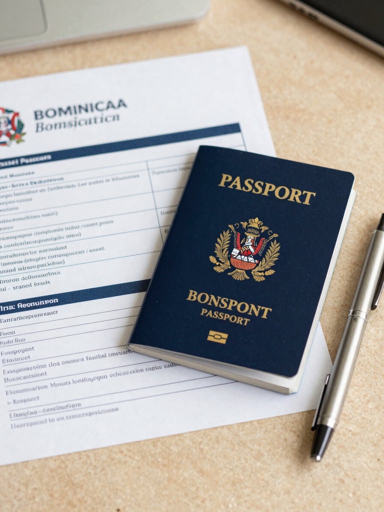 Overhead flatlay of organized travel documents, a Dominican passport, and a clean pen on a warm sand colored desk, bright natural daylight