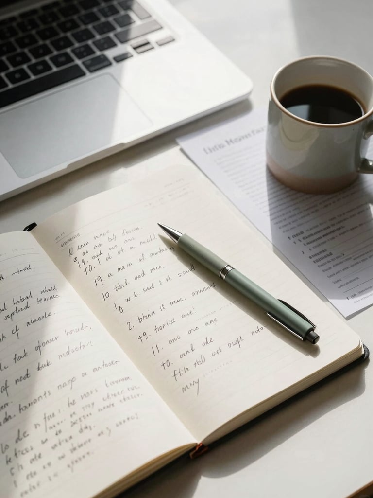Wide desk workspace overhead shot, open notebook with handwritten notes, laptop keyboard visible at edge, natural window light casting soft shadows across organized papers and a ceramic coffee mug, sage green pen resting on the page