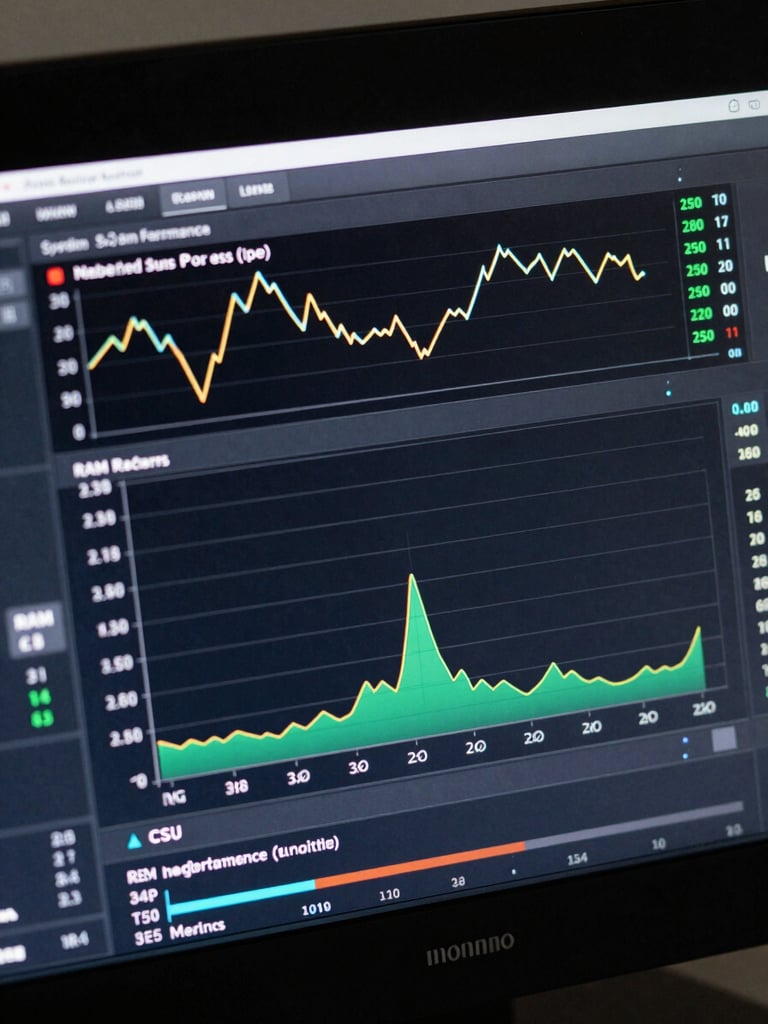 Close-up overhead view of a system performance monitoring dashboard on a dark display, CPU usage graph and RAM utilization readouts visible in crisp detail, flat even studio lighting, no glare