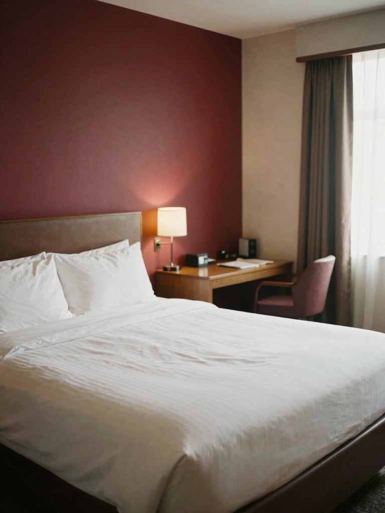 A clean and comfortable deluxe hotel room with a neatly made double bed, crisp white sheets, warm lighting, and a modern desk setup, 35mm photography