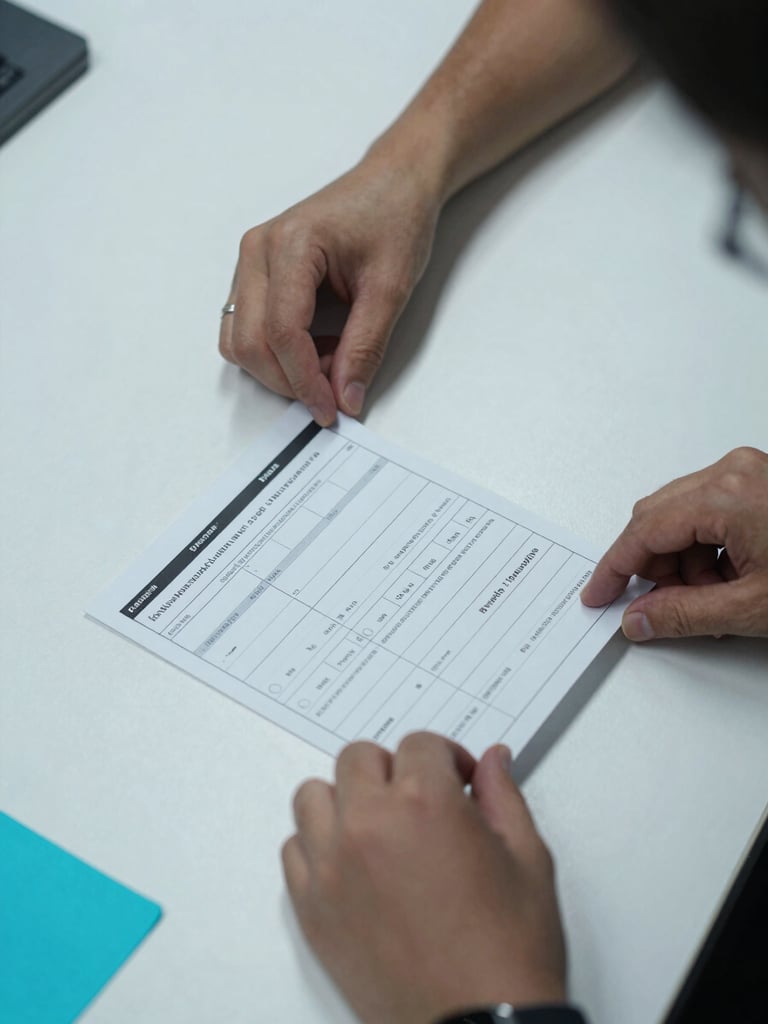 Close-up of hands arranging printed workflow templates and planning cards on a clean white desk, cool studio lighting, overhead angle, no clutter, cyan-tab sticky notes visible at the edge