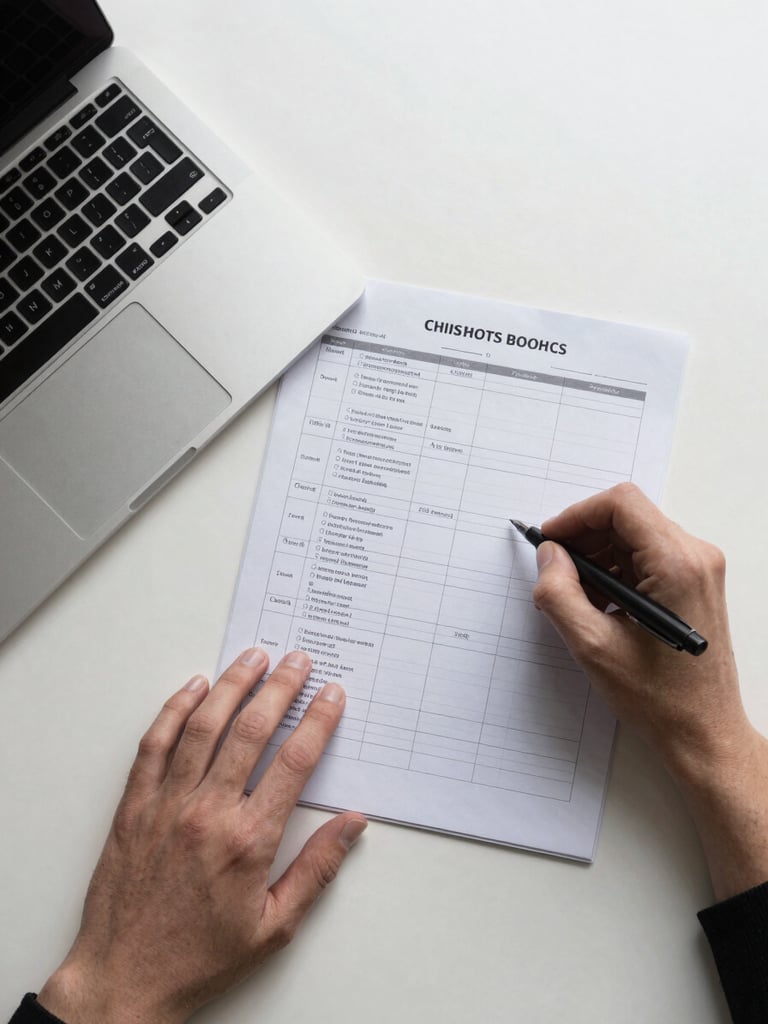 Overhead flat-lay of a clean desk: a printed workflow template pinned open beside a laptop keyboard, a hand resting on the page with a pen mid-annotation, cool even office daylight from above, soft shadows minimal, white and grey tones