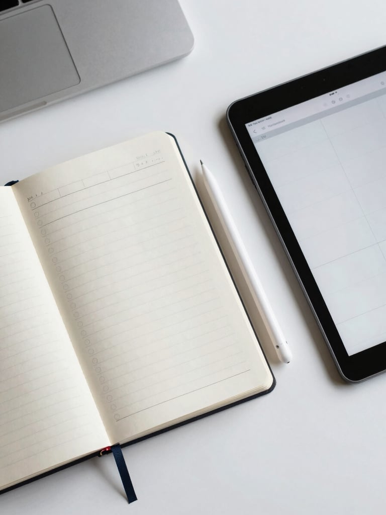 Overhead flat-lay of a clean desk — open notebook with structured zone labels, a stylus, and a tablet showing a minimal grid interface, cool artificial office light, high-key, shadow-minimal