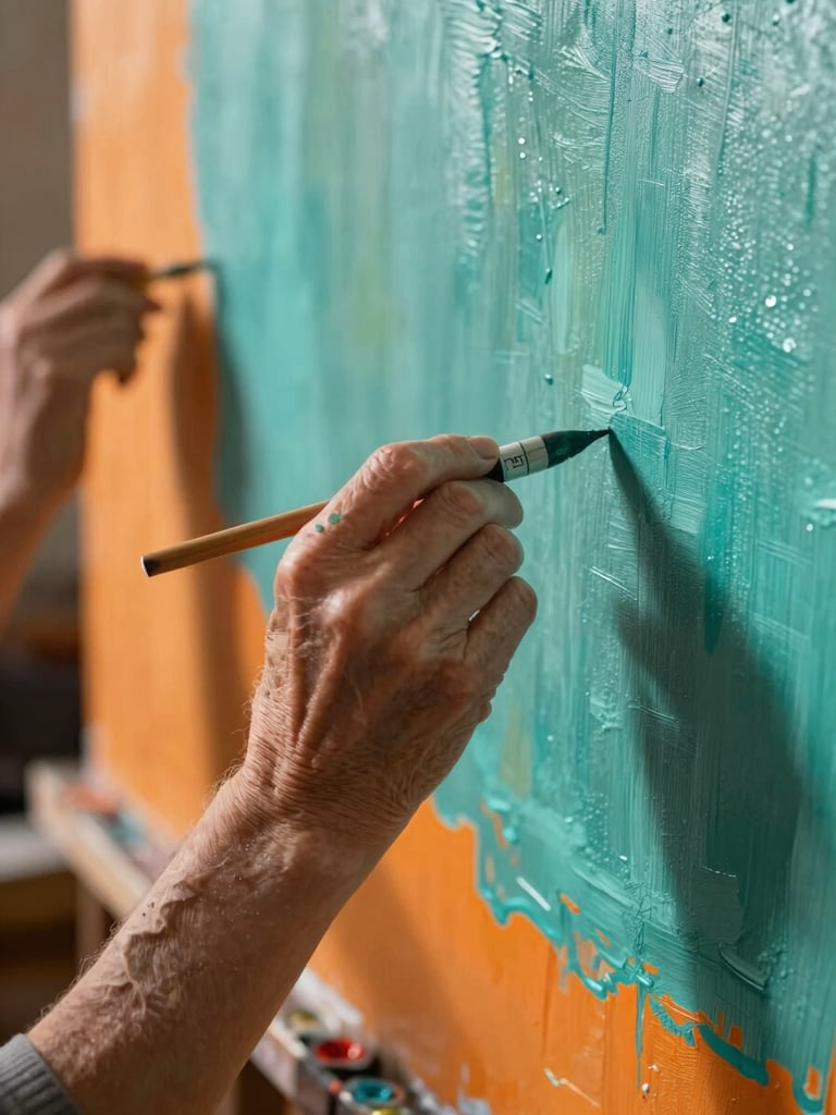 Close-up of hands of different generations painting together on a large shared canvas, vibrant colors of teal and orange paint, warm afternoon sunlight casting soft shadows.