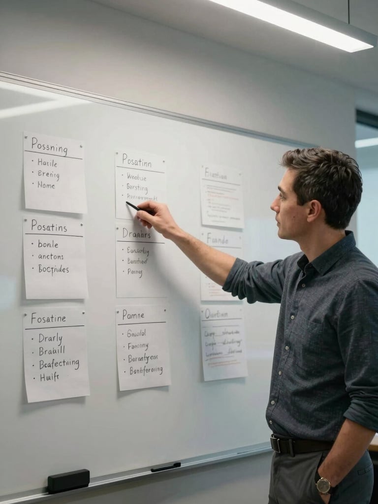 Medium shot of a consultant standing at a whiteboard covered in brand positioning notes and messaging frameworks, pointing at a key phrase, functional meeting room under cool office fluorescent light, focused expression
