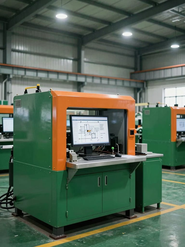 Wide shot of a modern factory floor with heavy machinery, clean warehouse lighting, deep green and orange tones, technical schematics on a monitor.