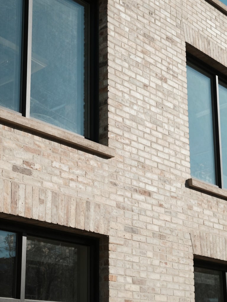 Detailed close-up of clean brickwork and modern metal window frames of a professional building in Cheyenne, natural daylight.