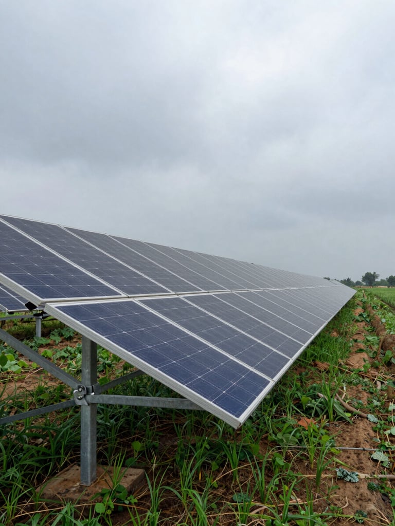 Ground-level wide shot of a farm-mounted solar array in a Bihar agricultural field under overcast monsoon light, rows of panels extending toward the horizon, green crop stubble visible between panel rows, no people present, galvanized steel mounting structure clearly visible in the foreground