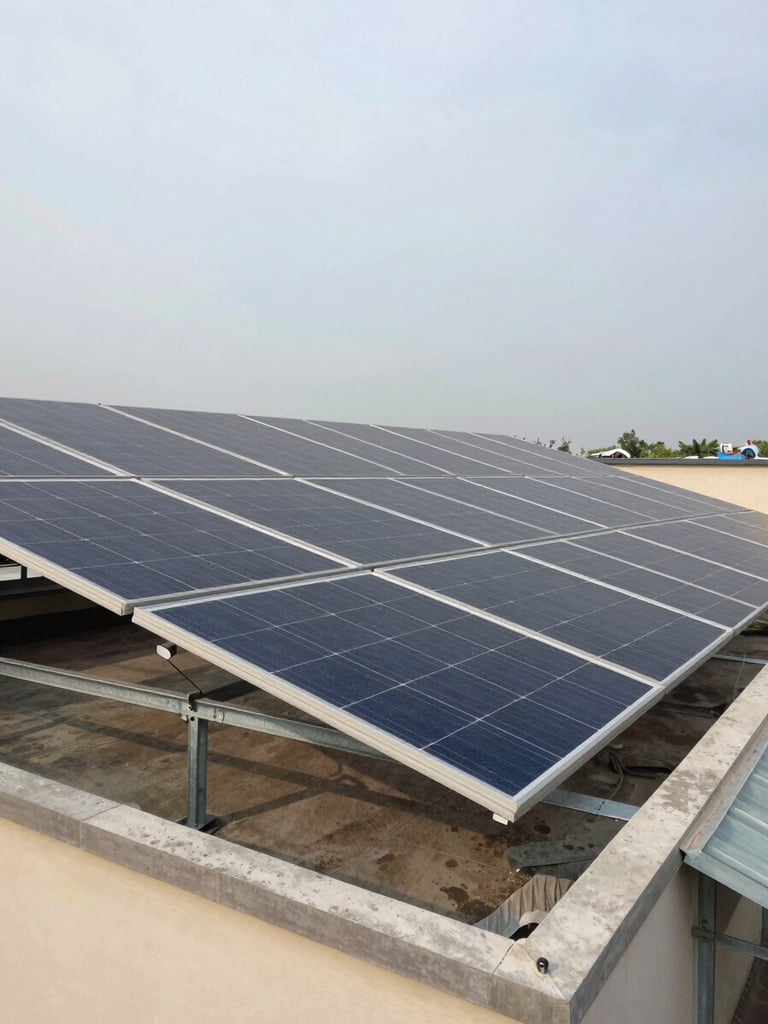 Wide environmental shot from ground level looking up at a completed residential rooftop solar installation in Bihar, full panel array visible against an overcast daylight sky, galvanized mounting structure clearly in frame, no people, natural muted light showing panel texture and roof footprint