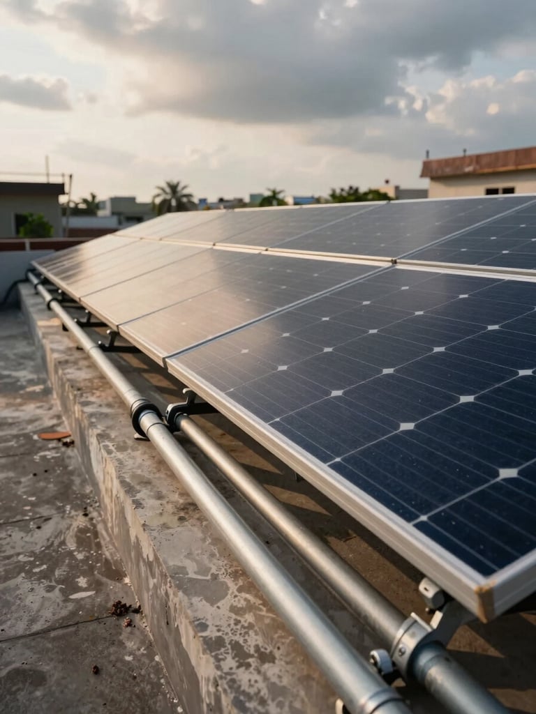 Close-up environmental frame of a rooftop solar installation on a flat concrete terrace in a Bihar town — wiring conduit running neatly along a galvanized rail, monsoon clouds visible above, warm afternoon light catching the panel surface at a low angle