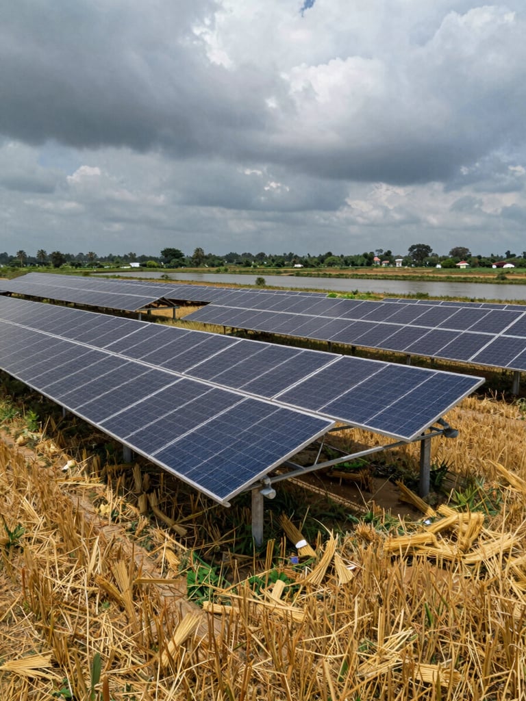 Panoramic wide shot of ground-mounted solar panels on agricultural land in Bihar, monsoon clouds overhead casting soft diffused light on the array, irrigation canal visible in the background, no people, golden harvest stubble in the foreground