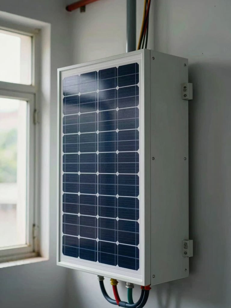 Close-up environmental shot of a hybrid solar inverter and battery bank installed in a clean utility room of a Bihar business premises, 5mm wiring neatly routed in conduit, natural window light from the left, no people