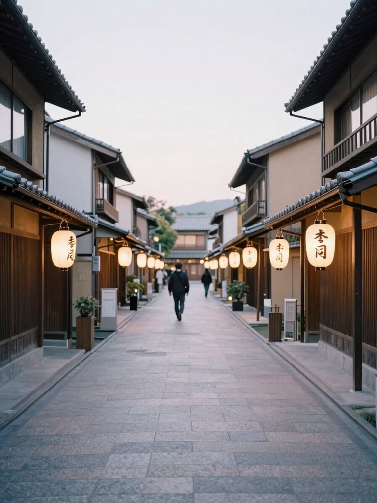 A quiet Kyoto alleyway at dusk, soft glowing lanterns, a single pedestrian walking, clean negative space, pastel tones, 35mm film aesthetic