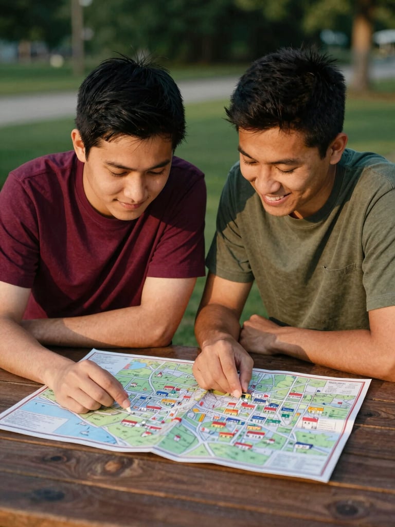 Two volunteers, one in a plum shirt and one in olive green, looking at a map of an Ohio neighborhood together on a wooden table, smiling, collaborative atmosphere.
