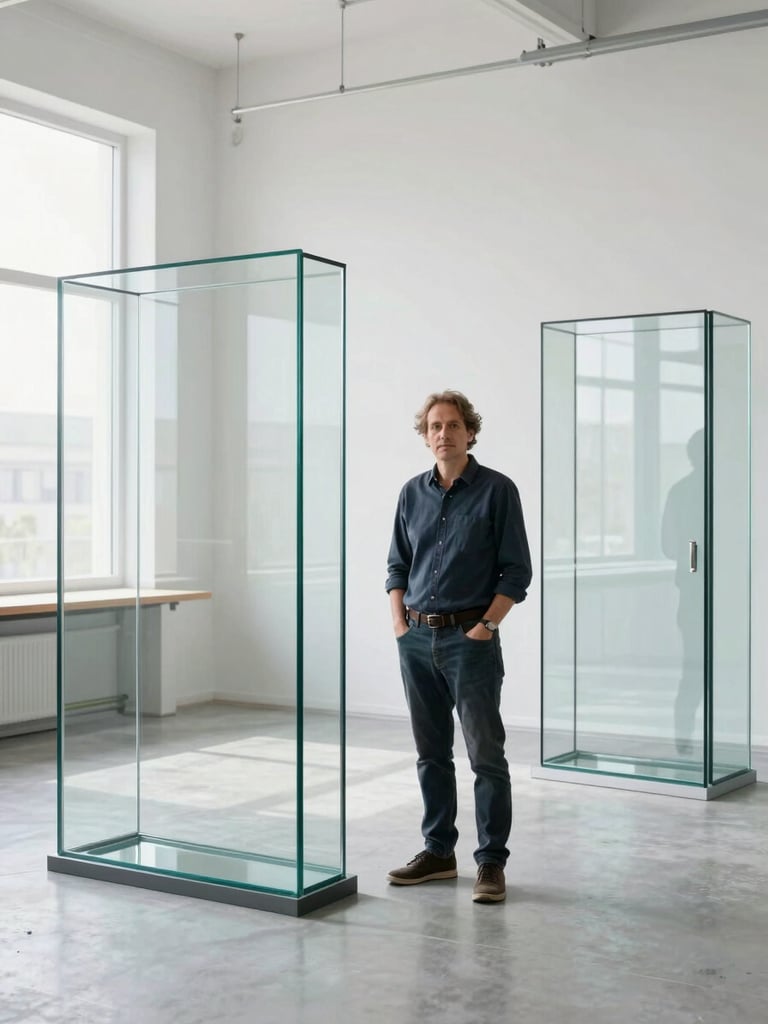 Professional portrait of the founder, an architectural glazing specialist, standing in a bright minimalist studio with high-contrast structural glass models.