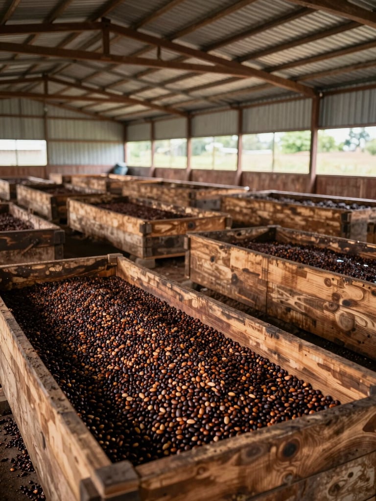 Interior of a cocoa fermentation facility, wooden fermentation boxes arranged in rows, beans mid-fermentation visible, natural side light from open corrugated walls, overhead wide angle, no people, documentary grain