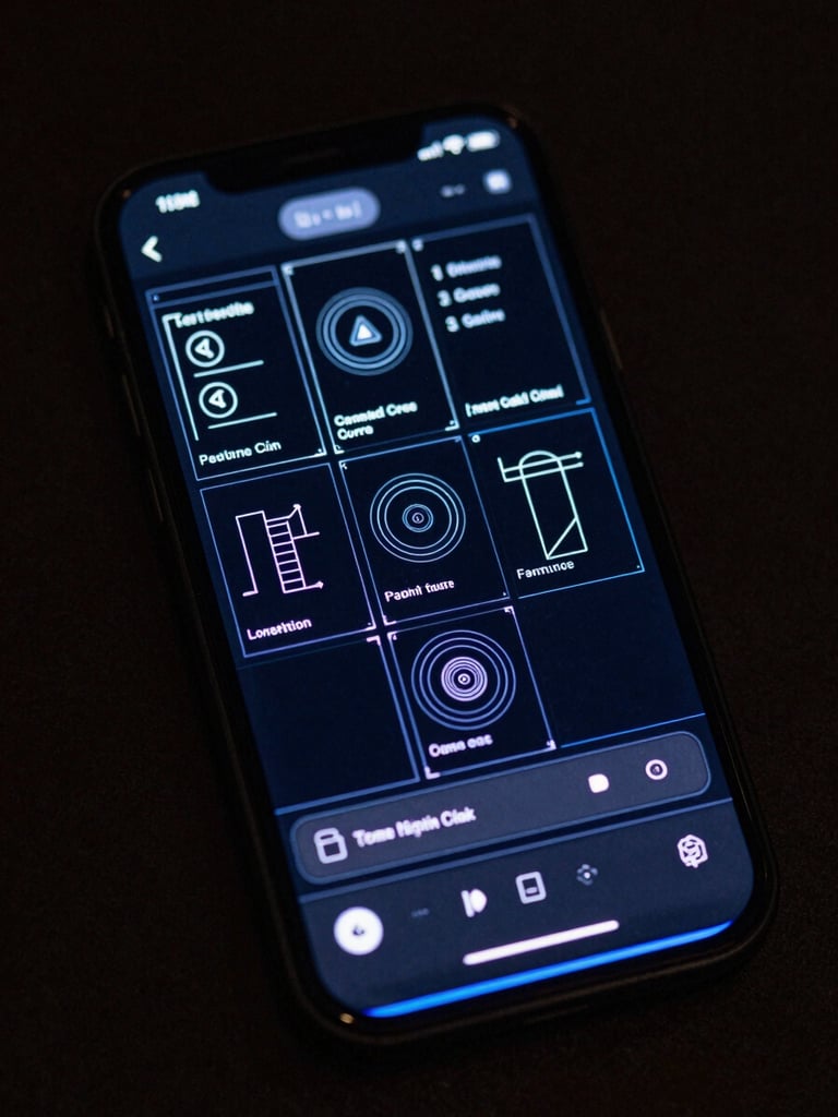 Macro top-down view of a modern mobile device displaying an interactive UI wireframe, crisp electric blue backlighting, dark-mode screen glow, high-contrast studio setup.