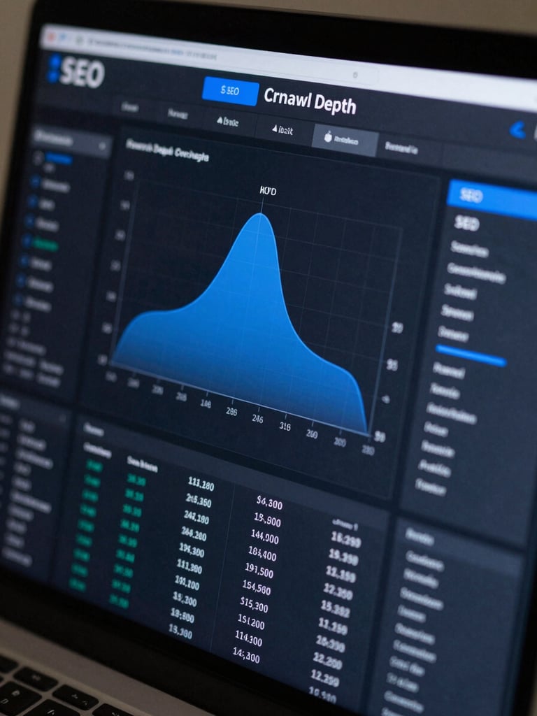 Macro close-up of a dark-mode technical SEO dashboard showing crawl depth architecture, clean blue vector schematics, and sharp white data visualizations, high-contrast studio lighting.