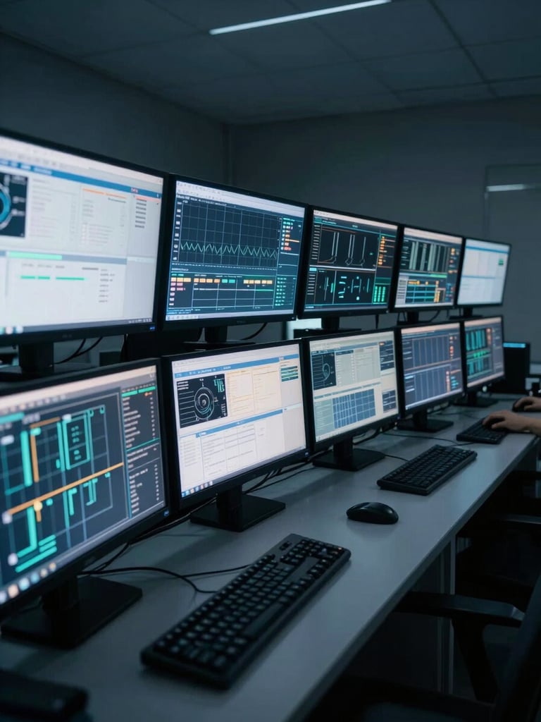 Wide shot from the right side of a monitor bank in a dark operations room, multiple dashboard screens glowing with real data charts and model outputs, cool blue-white light, no people visible, crisp and clinical