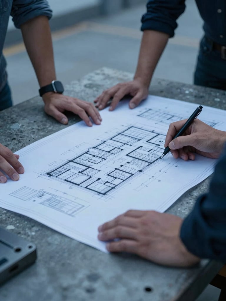 Close-up of hands-on planning session over architectural blueprints on a concrete table, cold blue hour lighting, industrial focus