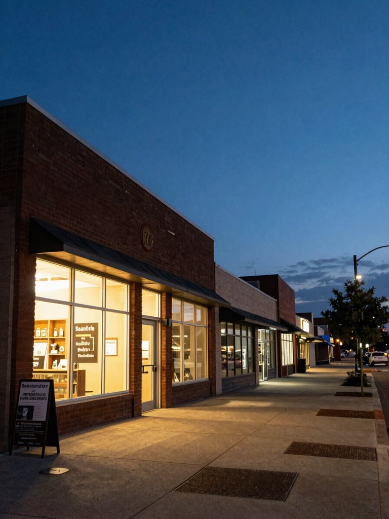 Wide-angle view down a Sudbury commercial street at dusk, warm shopfront lights glowing against deep blue sky, a small business sign visible to the left third, quiet sidewalk, natural ambient light