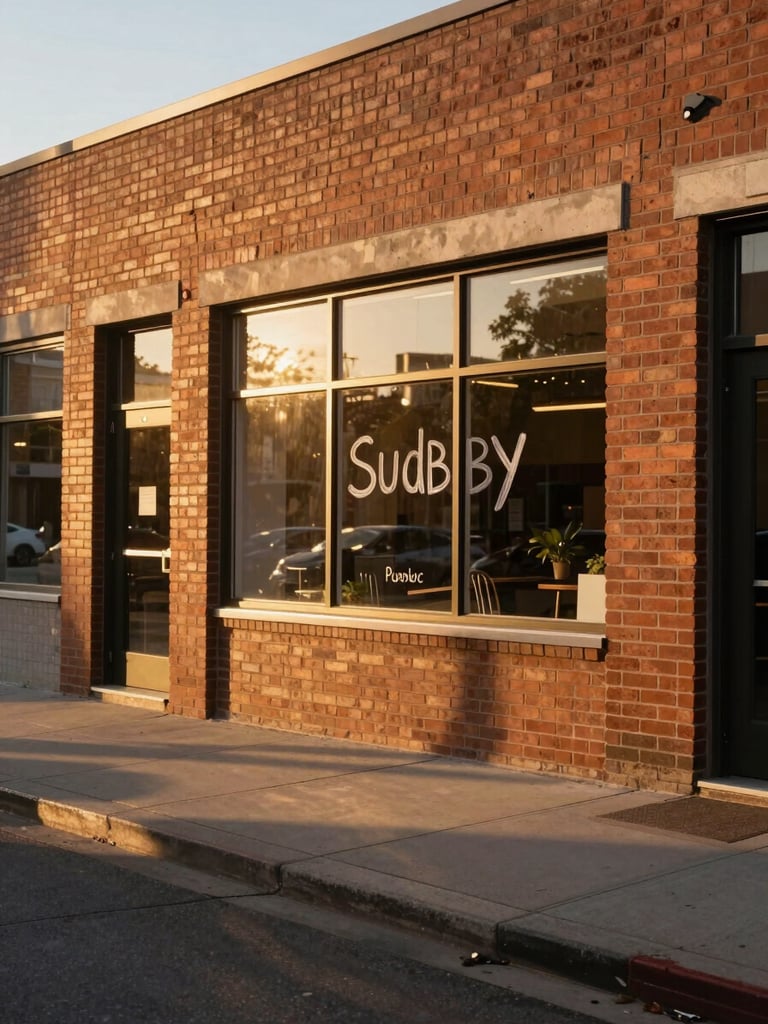 Wide shot of a local Sudbury storefront exterior at golden hour — brick facade with a warm lit window, handwritten signage visible, sidewalk in the foreground, soft long shadows stretching left across the pavement
