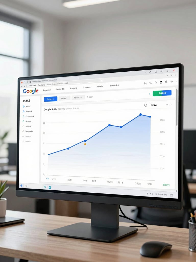 Wide-angle view of a Google Ads performance dashboard on a large monitor, showing ROAS metrics and conversion funnel graphs, professional office setting with clean white walls and daylight from the left