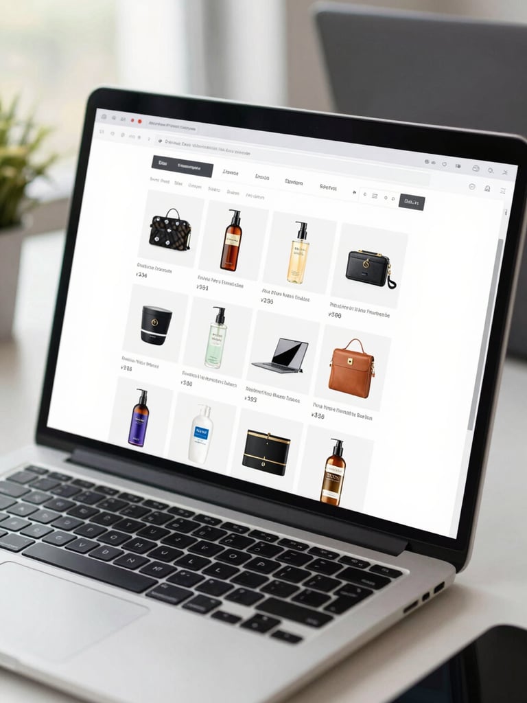 Close-up of a laptop screen showing a live e-commerce website with clean product grid and analytics dashboard open in a side tab, shot on a white studio desk under bright daylight, professional office setting, screen content sharp and fully legible