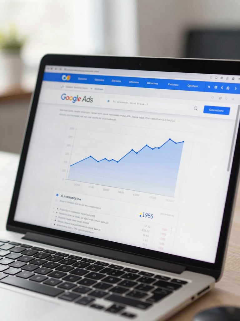 Close-up of a laptop screen in a bright professional office showing a Google Ads dashboard with conversion graphs and campaign metrics, keyboard and mouse visible at bottom edge, clean daylit workspace background