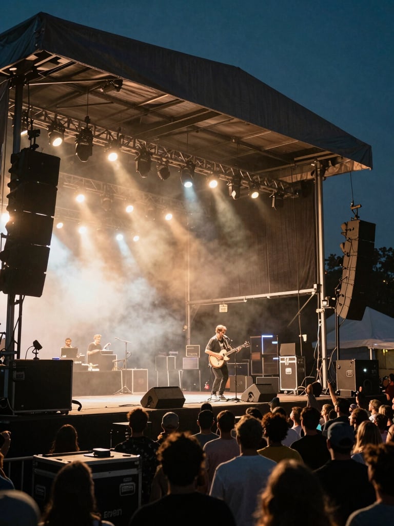Wide environmental shot of a festival stage from the wings at night, Enda Scahill visible mid-stage right performing banjo, warm amber and white stage lights cutting through haze, crowd visible in the lower frame, touring road cases partially visible stage-left, documentary grain