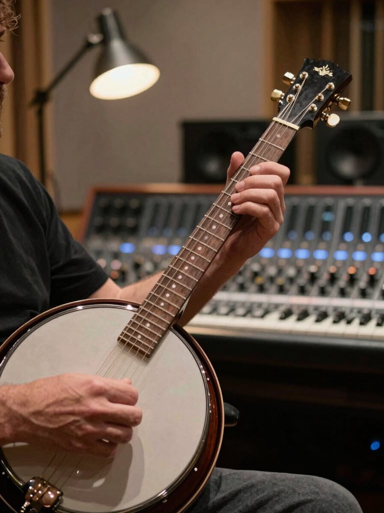 Close environmental shot in a working recording studio — Enda's hands on the banjo neck in sharp foreground detail, fret positions caught mid-phrase, a directional desk lamp casting warm tungsten work-light across the instrument body, mixing console visible softly out of focus in the background, no posed portraiture