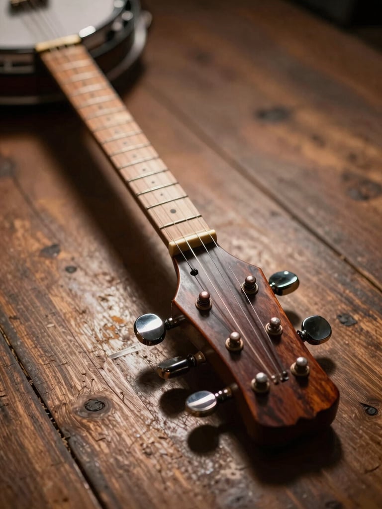 Close environmental shot of a banjo's headstock and tuning pegs resting on a worn wooden stage floor, warm tungsten light raking across the grain from the left, shallow depth of field, the neck receding into soft darkness