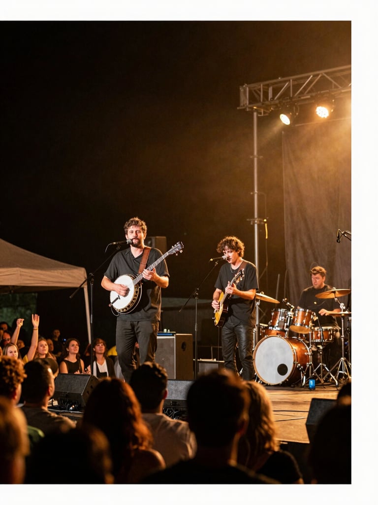 Environmental wide shot of We Banjo 3 performing on a mid-sized festival stage at night, warm amber stage wash flooding the performers from above-right, the banjo player front-left in sharp detail with instrument neck angled upward, a visible enthusiastic audience in the lower foreground, deep shadows in the upper corners giving a documentary-stage quality