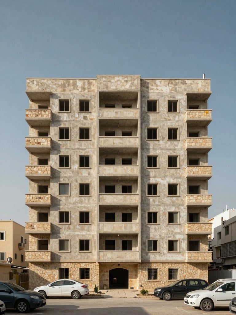 Street-level wide shot of a completed mid-rise residential building in Amman, straight-on elevation framing, natural midday light, concrete and stone facade visible, clear sky above, parked cars at base for scale