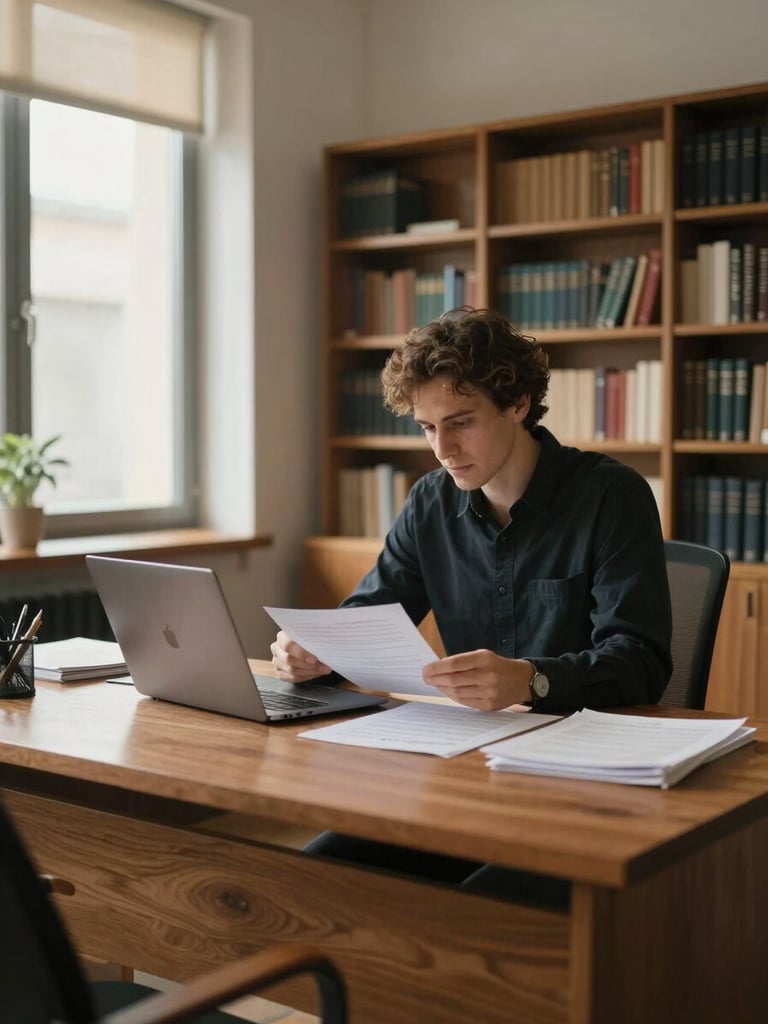 Wide-angle view of a professional office in southern Italy, a person seated at a wooden desk reviewing documents on a laptop, warm window light from the left, bookshelves softly out of focus in the background, calm and focused atmosphere