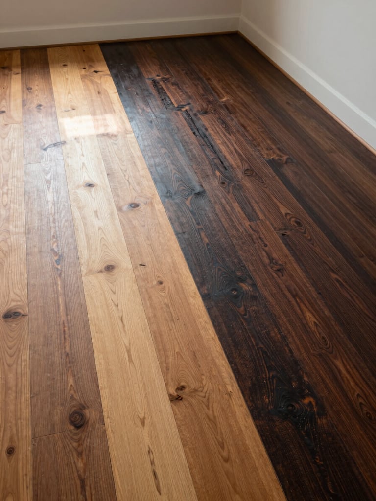 Wide panoramic shot of an empty residential room with a mid-restoration cumaru floor, left half freshly sanded to bare wood in warm early-morning sidelight, right half still bearing old darkened lacquer, the boundary between states running diagonally across the frame