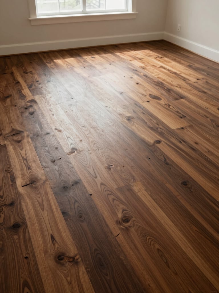 Wide environmental shot of a completely empty room with a freshly restored dark walnut hardwood floor catching low sidelight from a north-facing window along the far wall, overhead documentation angle, no furniture, no people, grain pattern visible across the full field, warm sand tones in the baseboards, forensic clarity