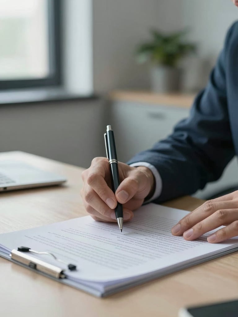 Close portrait-style shot of a consultant's hands annotating a printed document at a desk, a pen held mid-sentence, north-facing daylight from the left, cool office interior background softly out of focus, no faces visible, calm and deliberate atmosphere