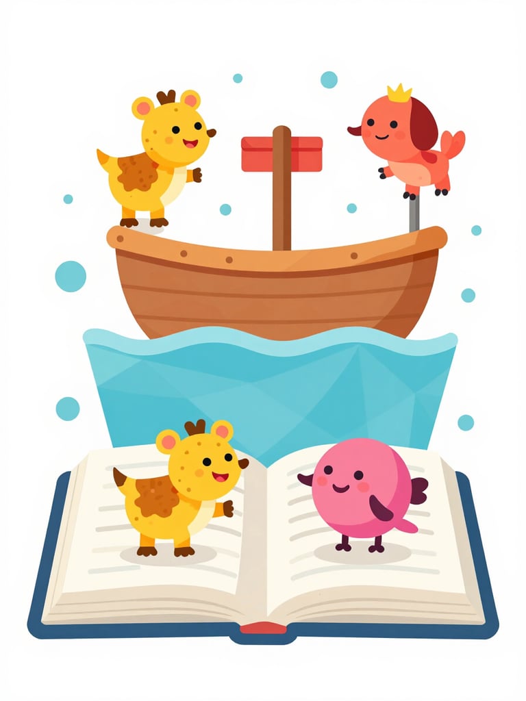 Flat vector illustration of an open Bible with colorful cartoon characters stepping out, Noah's ark with happy animals, bright primary colors, playful cartoon style, clean geometric shapes