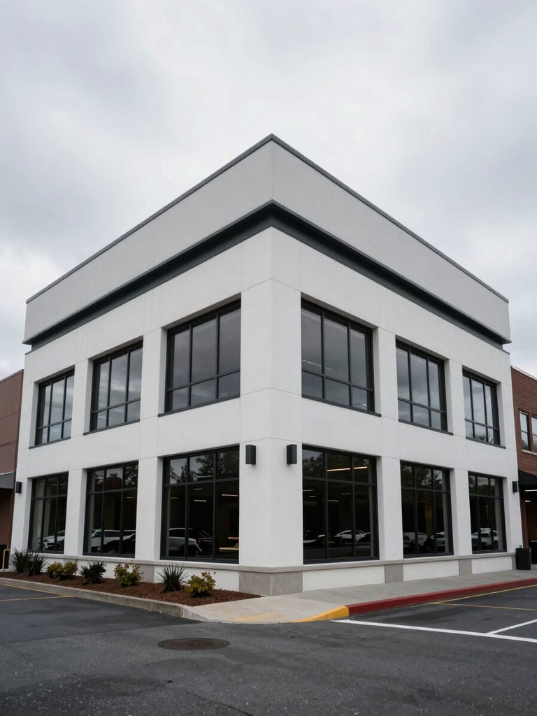 Wide shot of a modern commercial property exterior under overcast Pacific Northwest skies, clean architectural lines, captured with professional architectural symmetry.