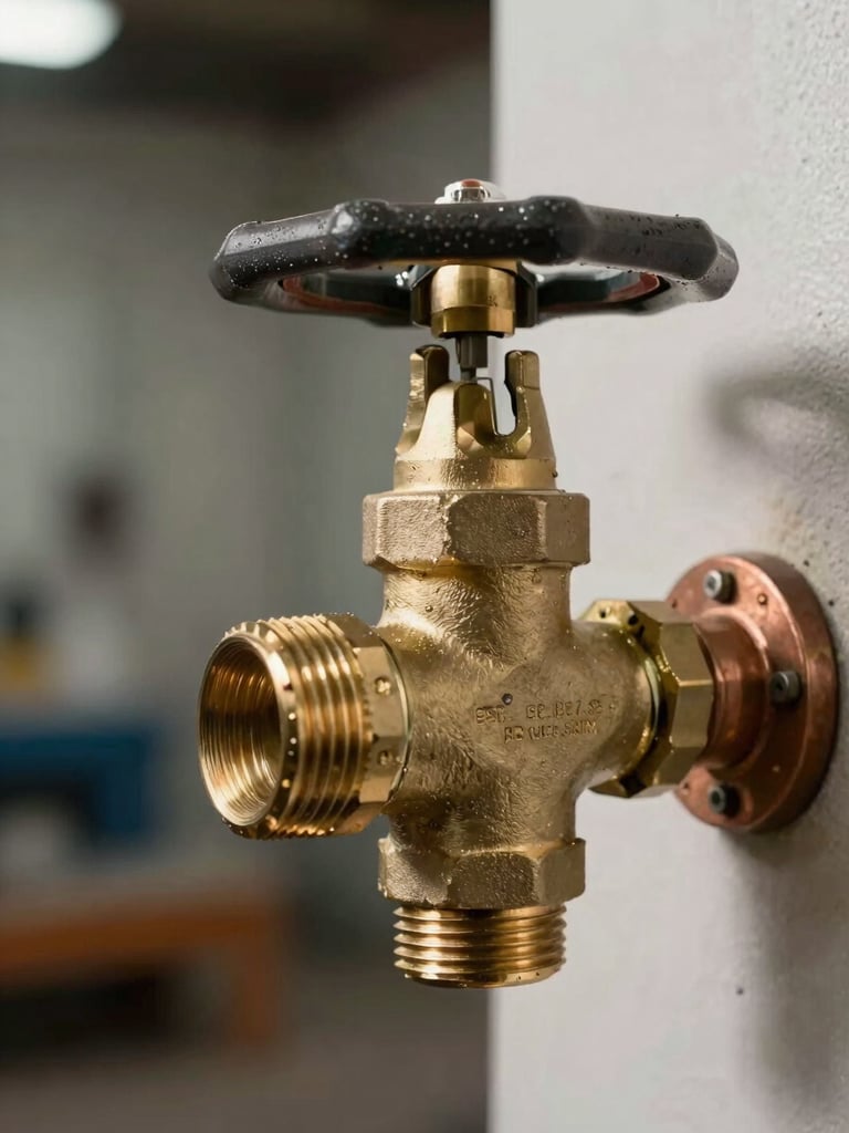 Close-up of a brass gate valve and copper pipe fitting mounted on a wall, natural workshop light from the left, sharp detail on the valve handle and threaded joint, industrial background slightly out of focus