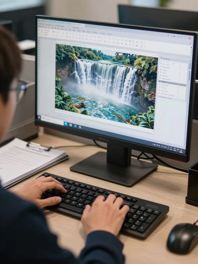 Over-the-shoulder environmental shot of a fund accountant at a wide-format monitor displaying a waterfall distribution model in Excel, hands resting on keyboard, deal binder open to the left, office ambient lighting, no face visible, institutional workspace, precise and quiet