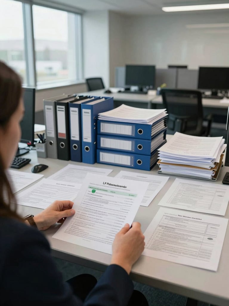 Wide environmental shot of a fund operations room, over-the-shoulder angle of a professional reviewing LP audit documentation spread across a large desk, compliance binders and a terminal visible in the background, cool office ambient daylight from tall windows to the left, no faces visible, institutional workspace atmosphere