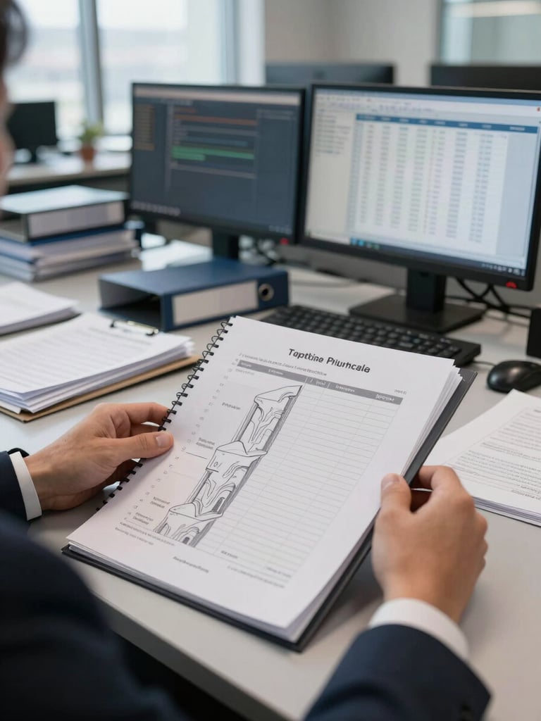Wide environmental shot of a fund operations room from an over-the-shoulder angle, a professional's hands resting on a desk covered in deal binders and printed waterfall schedules, multiple monitors visible in the background showing spreadsheet grids, office ambient daylight from tall windows to the left, deep focus on the documents in the foreground