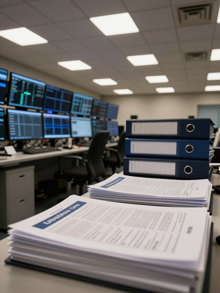 Wide environmental shot of a fund operations workspace at night, trading terminals glowing on a long desk in the left third, stacks of deal binders and printed LP reports in sharp foreground focus, ambient office lighting from overhead panels, no people visible, deep navy and warm paper tones