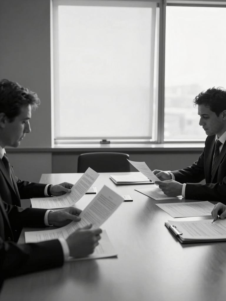 Wide shot of a quiet conference room, two professionals seated across a table reviewing documents, north-facing window light casting soft shadows, black and white, hands visible on papers, no faces prominent