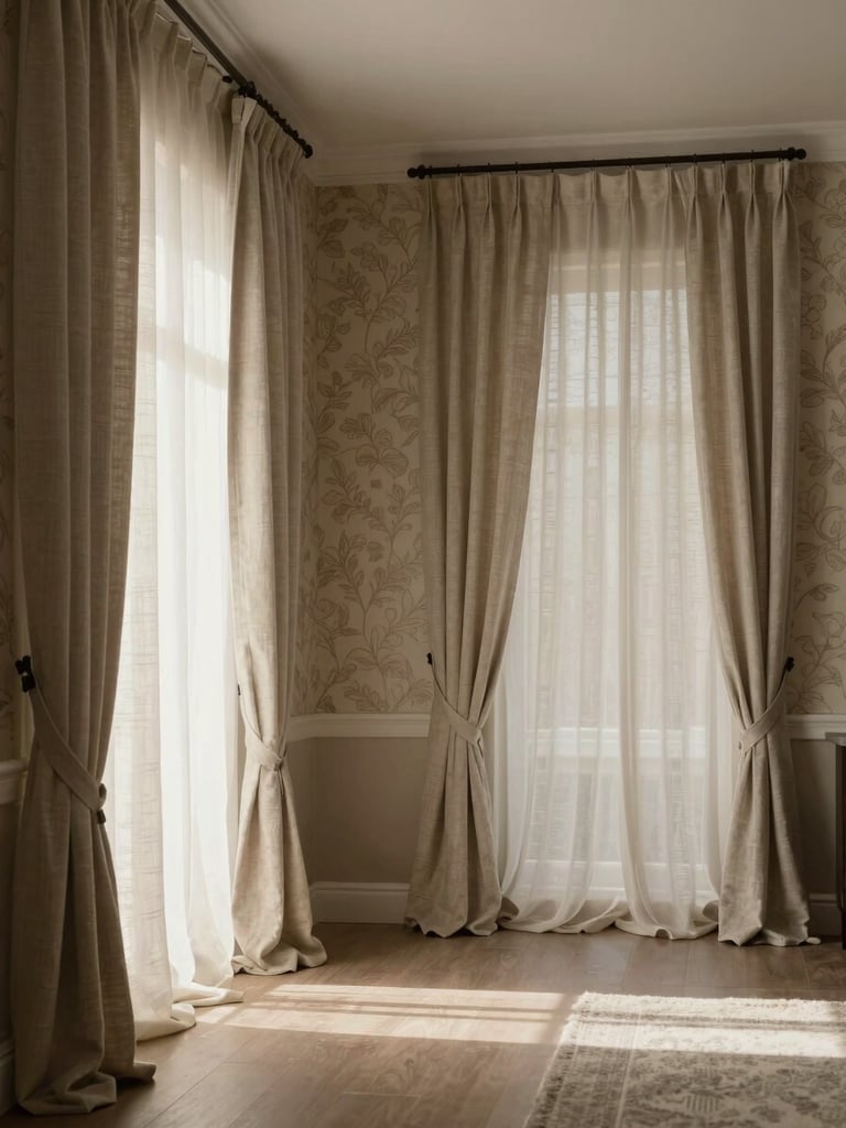 Wide interior shot of a finished living room with linen curtains drawn half-open, patterned wallpaper visible on the back wall, soft morning daylight entering from the left, no people, neutral warm tones, architectural framing